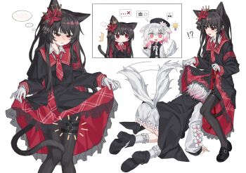 !? 2girls absurdres all_fours animal_ears beret black_dress black_hair black_hat black_jacket black_pantyhose black_shoes black_skirt blush bow bowtie cat_ears cat_girl cat_tail chibi closed_mouth clothes_lift collared_dress collared_shirt commentary_request cropped_jacket dog_ears dog_girl dog_tail dress embarrassed flower frilled_skirt frills full_body gloves gradient_hair hair_flower hair_ornament half-closed_eyes hand_up hat head_between_thighs head_under_another&#039;s_clothes head_under_skirt highres idea image_in_speech_bubble index_finger_raised jacket kemonomimi_mode light_bulb loafers long_hair long_sleeves mahou_shoujo_no_majo_saiban multicolored_hair multiple_girls multiple_views necktie nikaido_hiro o-ring o-ring_thigh_strap open_mouth pantyhose pink_eyes pink_hair red_eyes red_flower red_necktie red_sailor_collar red_skirt sailor_collar sakuraba_ema shirt shoes shorts skirt skirt_lift small_sweatdrop socks speech_bubble standing stkyue straight_hair surprised tail tail_wagging thigh_strap under_another&#039;s_clothes under_skirt white_bow white_bowtie white_gloves white_hair white_shirt white_shorts white_socks x_hair_ornament yuri