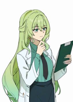 1girl black_coat black_necktie black_skirt breasts coat earrings green_eyes green_hair green_shorts highres holding holding_notepad honkai_(series) honkai_impact_3rd jewelry kitamiteo large_breasts long_hair mobius_(honkai_impact) mobius_(pre-surgery)_(honkai_impact) necktie notepad pencil_skirt shorts simple_background skirt slit_pupils solo very_long_hair white_background white_coat