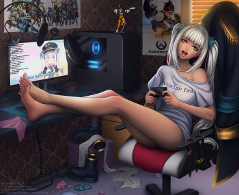 action_figure barefoot bastion_(overwatch) beard window_blinds blonde_hair blue_skin boots unworn_boots cassidy_(overwatch) cellphone chair coat unworn_coat colored_skin commission computer computer_tower cowboy_hat cyborg d.va_(overwatch) dark-skinned_female dark_skin facial_hair feet feet_up gaming_chair genji_(overwatch) goggles gorilla gun hanzo_(overwatch) hat unworn_hat unworn_headwear heterochromia indoors junkrat_(overwatch) kagura_gumi kagura_mea computer_keyboard unworn_legwear lipstick livestream long_hair looking_at_viewer lucio_(overwatch) makeup max_domikov mei_(overwatch) meka_(overwatch) mercy_(overwatch) microphone monitor no_bra no_panties no_pants office_chair omnic open_mouth overwatch overwatch_1 panties unworn_panties phone pink_hair pink_panties ponytail pop_filter poster_(object) reaper_(overwatch) reinhardt_(overwatch) roadhog_(overwatch) shirt silver_hair sitting skin_tight soldier:_76_(overwatch) soles solo swivel_chair sword symmetra_(overwatch) t-shirt table thighs toenails toes torbjorn_(overwatch) tracer_(overwatch) twintails underwear virtual_youtuber watermark weapon web_address webcam white_legwear white_shirt widowmaker_(overwatch) window winston_(overwatch) zarya_(overwatch) zenyatta_(overwatch)