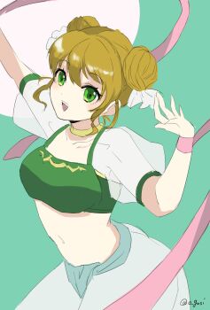 1girl breasts dancer double_bun fire_emblem fire_emblem:_the_binding_blade green_eyes hair_bun highres larum_(fire_emblem) medium_breasts midriff nintendo o_gusi open_mouth orange_hair smile