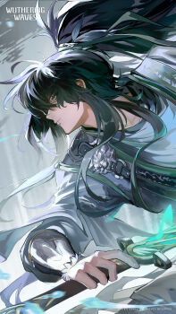 1boy abs absurdres black_hair black_pants character_name collarbone commentary drawing_sword english_commentary english_text grey_eyes highres holding holding_sheath holding_sword holding_weapon katana logo long_hair male_focus meditation muscular muscular_male official_art pants ponytail qiuyuan_(wuthering_waves) scabbard sheath shirt sitting solo sword water waterfall weapon white_shirt wuthering_waves