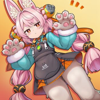 1girl ahoge animal_ear_fluff animal_ear_piercing animal_ears braid breasts bright_pupils commentary_request furry furry_female hair_ornament long_hair looking_at_viewer okasa_re_taii partial_commentary pink_fur pink_hair rabbit_ears rabbit_girl red_eyes shirt short_eyebrows small_breasts solo thick_eyebrows twin_braids white_pupils zenless_zone_zero zhao_(zenless_zone_zero)