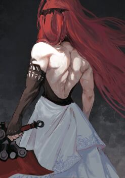 1girl back bare_back black_background commentary cowboy_shot detached_sleeves elizabeth_rose_bloodflame english_commentary facing_away from_behind highres holding holding_weapon hololive hololive_english long_hair muscular muscular_female red_hair shadelett skirt solo virtual_youtuber weapon white_skirt