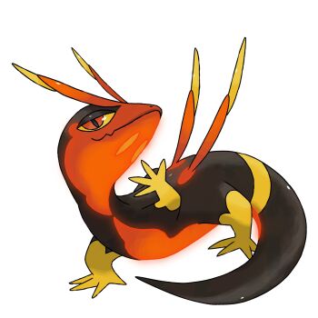 alisfakemon colored_sclera colored_skin fakemon full_body highres lizard multicolored_skin nintendo no_humans original pokemon pokemon_(creature) red_eyes slit_pupils solo tail white_background yellow_sclera