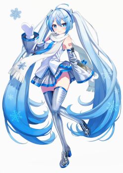 1girl absurdly_long_hair ahoge aqua_eyes aqua_hair arm_tattoo blue_hair blue_necktie blue_trim blush boots breasts commentary_request detached_sleeves full_body gradient_hair grey_background grey_skirt hair_between_eyes hair_ornament hatsune_miku headphones headset highres long_hair long_sleeves looking_at_viewer mittens multicolored_hair necktie number_tattoo pleated_skirt scarf shirt skirt sleeveless sleeveless_shirt small_breasts snowflake_print snowflakes solo standing standing_on_one_leg takepon1123 tattoo thigh_boots thighhighs tie_clip twintails very_long_hair vocaloid white_mittens white_scarf wide_sleeves yuki_miku yuki_miku_(2011) zettai_ryouiki