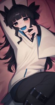 1girl absurdres adversarial_noise arm_up artemis_of_the_blue black_eyes black_hair blue_tongue blunt_bangs blush colored_tongue fins fish_tail highres indie_virtual_youtuber long_hair long_sleeves looking_at_viewer lying on_back open_mouth shark_girl shark_tail sharp_teeth smile solo tail teeth tongue twitter_username upper_teeth_only virtual_youtuber yoako