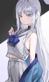 1girl absurdres blue_archive blue_haori colored_eyelashes expressionless food from_side grey_eyes hair_ornament halo haori highres holding holding_skewer japanese_clothes long_hair looking_at_viewer nagusa_(blue_archive) school_uniform serafuku seueo shirt skewer sleeveless sleeveless_shirt snowflake_hair_ornament snowflake_halo solo white_eyelashes white_eyes white_serafuku yakitori