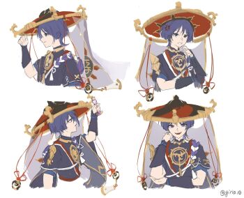 1boy anger_vein annoyed arm_at_side armor black_bodysuit black_hat black_kimono black_sleeves blue_sleeves blunt_ends bodysuit choppy_bangs commentary cropped_torso english_commentary furisode genshin_impact gnosis_(genshin_impact) gold gold_trim grey_eyes grey_hair grey_veil hand_on_own_elbow hand_up hat highres japanese_armor japanese_clothes jewelry jingasa juban kimono kote kurokote layered_sleeves looking_at_object looking_at_viewer looking_to_the_side looking_up male_focus mitsudomoe_(shape) multiple_expressions multiple_views neck_ring open_clothes open_kimono purple_bag purple_rope red_hat red_kimono red_sash rope sash scaramouche_(genshin_impact) shimenawa short_sleeves sideways_mouth single_sode smile solo tassel teeth tomoe_(symbol) tsurime twitter_username two-tone_hat upper_teeth_only veil whisper_(suisuibingtang) white_background white_kimono white_rope