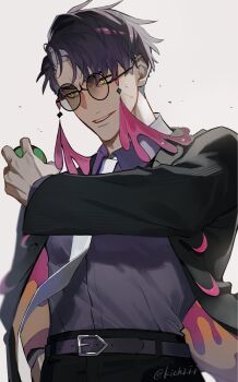 1boy arm_up belt belt_buckle black-framed_eyewear black_pants buckle coat collared_shirt commentary_request corbeau_(pokemon) cowboy_shot glasses grey_belt highres kichi_owo lapels layered_sleeves long_sleeves male_focus necktie nintendo pants parted_lips pokemon pokemon_legends:_z-a purple_hair purple_shirt round_eyewear shirt shirt_tucked_in short_hair simple_background smile solo tassel teeth twitter_username two-sided_coat two-sided_fabric white_background white_necktie wing_collar yellow_eyes