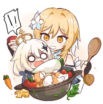 2girls bare_shoulders blonde_hair carrot cheese chibi daikon flower food genshin_impact hair_between_eyes hair_flower hair_ornament halo holding holding_food lumine_(genshin_impact) multiple_girls paimon_(genshin_impact) pot potato rabi_(swordofthestone) radish saliva scarf simple_background sitting spoon tomato vegetable white_background white_hair wide-eyed wooden_spoon yellow_eyes