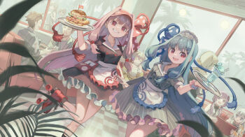 3boys 6+girls a.i._voice absurdres alternate_costume apron bell black_dress blue_footwear blue_hair blue_ribbon blunt_ends booth_seating brown_hair burger buttons checkered_floor cup day diner double-breasted dress drinking dutch_angle food frilled_dress frills grey_dress grin hair_bell hair_intakes hair_ornament hair_ribbon hairclip hand_up high_heels highres hinode_ken holding holding_cup holding_menu holding_tray indoors iori_yuzuru kazami_souichi kizuna_akari kizuna_akari_(a.i._voice) kotonoha_akane kotonoha_aoi kyo_mizusawa long_hair looking_at_viewer low-tied_sidelocks maid_headdress menu mint_chocolate multiple_boys multiple_girls notepad old old_man open_mouth palm_tree parfait pink_hair pinstripe_dress pinstripe_pattern plant polka_dot polka_dot_ribbon purple_eyes purple_hair red_eyes red_footwear red_ribbon ribbon roller_skates scrunchie shiosaki_kazuki short_hair short_hair_with_long_locks short_sleeves shrimp shrimp_tempura siblings sidelocks simple_background sisters skates smile standing standing_on_one_leg tempura tray tree unoka visor_cap voiceroid waist_apron waiter waitress white_apron white_hair wrist_scrunchie yuuki_kaori yuzuki_yukari yuzuki_yukari_(a.i._voice)