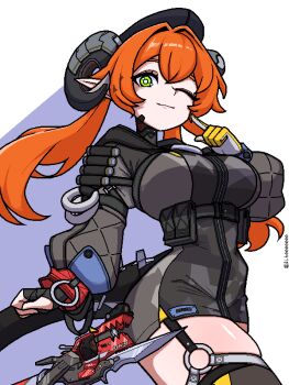 1girl ammunition ammunition_pouch asymmetrical_gloves black_hat black_horns blue_background breasts bright_pupils brown_thighhighs commentary cowboy_shot curled_horns dragon_girl dragon_horns dress finger_to_cheek fingerless_gloves gloves green_eyes gun hair_between_eyes hair_intakes hat horns ji_heeeeeee knife large_breasts long_hair looking_at_viewer magus_(zenless_zone_zero) mechanical_horns mechanical_tail mismatched_gloves one_eye_closed orange_hair orphie_magnusson pointy_ears pouch single_fingerless_glove skindentation symbol-only_commentary tail thighhighs thighs twintails twitter_username two-tone_background weapon white_background white_pupils yellow_gloves zenless_zone_zero zipper_dress