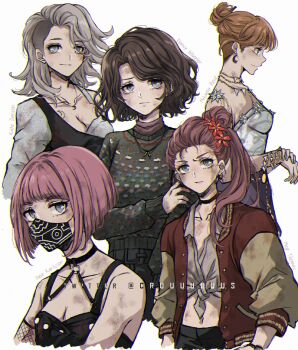 5girls black_mask black_pants black_shirt breasts brown_hair brown_jacket brown_sweater cleavage criis-chan dead_by_daylight detached_sleeves flower freckles grey_hair hair_flower hair_ornament jacket jewelry kate_denson large_breasts long_hair mask medium_breasts medium_hair meg_thomas mikaela_reid mouth_mask multicolored_jacket multiple_girls nancy_wheeler nea_karlsson necklace o-ring open_clothes open_jacket pants pink_hair ponytail red_flower red_jacket shirt short_hair simple_background single_bare_shoulder smile sweater two-tone_jacket white_background