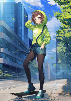 1girl :o bag blue_sky brown_hair building cloud confetti day denim denim_shorts falling_leaves full_body hand_on_own_hip highres hood hoodie leaf long_sleeves looking_at_viewer official_art outdoors pantyhose purple_eyes sasuga_chisa shoes short_hair short_shorts shorts sky sneakers solo stairs standing themis_(themis_adgjm) tree urban world_dai_star