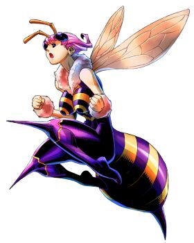 Rule 34 | 1girl, bee girl, bengus, bodysuit, breasts, darkstalkers, insect girl, large breasts, official art, q-bee, source request, wings