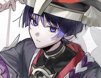 1boy black_bodysuit black_hat black_kimono black_sleeves blunt_ends bodysuit covered_collarbone eyeliner eyeshadow frilled_sleeves frills genshin_impact gold grey_veil hat highres japanese_clothes jewelry jingasa juban kimono layered_sleeves looking_at_viewer makeup male_focus mandarin_collar nacl5844277 neck_ring parted_lips portrait purple_eyes purple_hair purple_rope purple_sleeves red_eyeliner red_eyeshadow red_hat red_kimono rope scaramouche_(genshin_impact) shimenawa short_sleeves solo tsurime veil white_background white_kimono white_mouth white_rope wispy_bangs