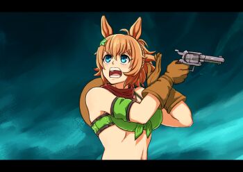 1girl animal_ears armband bandana bandeau bare_shoulders blue_eyes brown_gloves brown_hair brown_hat commentary_request cowboy_hat gloves green_armband green_bandeau gun gundou_musashi hair_between_eyes hair_ornament handgun hat holding holding_gun holding_weapon horse_ears horse_girl kantou_rengou looking_up navel open_mouth parody quality red_bandana revolver solo star_(symbol) star_hair_ornament taiki_shuttle_(umamusume) taiki_shuttle_(wild_frontier)_(umamusume) umamusume upper_body weapon