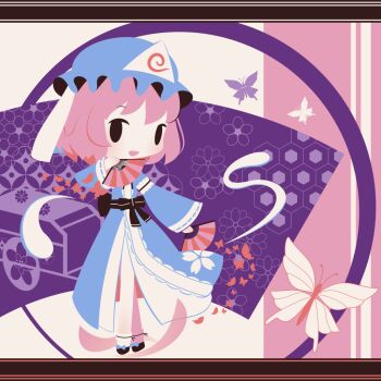 Rule 34 | 1girl, black bow, black footwear, blue bow, blue kimono, blush, bow, bug, butterfly, chibi, cobalta, crossed legs, folding fan, ghost tail, goshoguruma, hand fan, hat, hitodama, insect, japanese clothes, kimono, mob cap, obi, pink hair, ribbon-trimmed sleeves, ribbon trim, saigyouji yuyuko, saigyouji yuyuko's fan design, sash, shippou (pattern), short hair, touhou, triangular headpiece, watson cross, wide sleeves