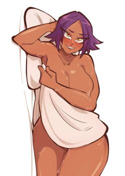 aftersex bare_shoulders blanket bleach blush breasts collarbone covering_breasts covering_privates dark-skinned_female dark_skin large_breasts looking_at_viewer lying on_side pillow purple_hair saucymojo shihouin_yoruichi source_request sweat wet white_background yellow_eyes