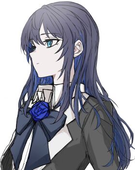 1girl ado_(utaite) black_coat black_hair blue_eyes blue_hair chando_(ado) closed_mouth coat collared_shirt colored_inner_hair commentary hashtag-only_commentary highres long_hair multicolored_hair n_nai_nai_n shirt sidelocks solo upper_body utaite white_shirt