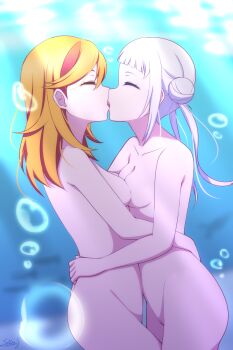 absurdres arashi_chisato asphyxiation breast_press breasts brown_hair bubble closed_eyes completely_nude couple drowning french_kiss highres hug kiss long_hair love_live! love_live!_superstar!! nude satou_yuzuki shibuya_kanon underwater water white_hair yuri zenra