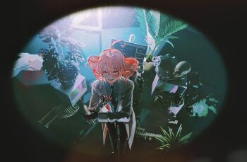 1girl ahoge ainimo5 alternate_costume black_gloves black_necktie black_pants blue_shirt bone coat double-parted_bangs drill_hair feet_out_of_frame from_above glasses gloves hair_between_eyes highres igaku_(utau) indoors kasane_teto long_sleeves looking_at_viewer necktie open_clothes open_coat open_mouth pants plant potted_plant red_eyes red_hair shirt three-quarter_sleeves solo syringe twin_drills utau white_coat