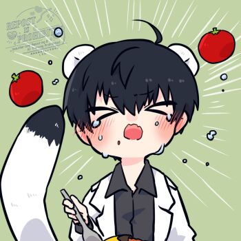 &gt;_&lt; 1boy ahoge animal_ears black_eyes black_hair black_shirt blush chibi chibi_only coat collared_shirt eating hair_between_eyes highres holding holding_spoon kim_dokja kimidori_22 male_focus mouse_ears mouse_tail omniscient_reader&#039;s_viewpoint open_clothes open_coat open_mouth shirt short_hair solo spoon tail tears tomato upper_body white_coat