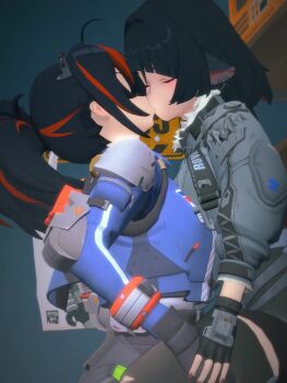 2girls 3d animal_ears animated bellingbelle black_gloves black_hair blue_jacket blunt_bangs closed_eyes fingerless_gloves french_kiss fur-trimmed_jacket fur_trim gloves green_hair hand_on_another&#039;s_hand hand_on_another&#039;s_thigh highres holding impossible_shorts indoors jacket jane_doe_(zenless_zone_zero) kiss koikatsu_(medium) lifting_person long_hair looping_animation mouse_ears mouse_girl multicolored_hair multiple_girls pantyhose police police_uniform policewoman ponytail red_hair single_leg_pantyhose streaked_hair tagme thighhighs torn_clothes torn_pantyhose torn_thighhighs video yuri zenless_zone_zero zhu_yuan