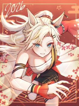 1girl 2026 absurdres animal_ear_piercing animal_ears bare_shoulders blonde_hair breasts chest_sarashi cleavage commentary detached_sleeves diamond-shaped_pupils diamond_(shape) diamond_necklace floral_print flower green_eyes hair_flower hair_ornament highres horse_ears horse_girl large_breasts light_blush long_hair looking_at_viewer original ponytail red_background red_flower red_nails sarashi signature simple_background single_detached_sleeve single_sleeve skirt smile sowon_(sowonhae) symbol-shaped_pupils teeth white_skirt wide_sleeves