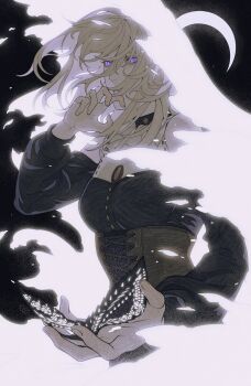 1girl 7nite absurdres bang_dream! bang_dream!_it&#039;s_mygo!!!!! black_dress blonde_hair brown_corset commentary corset crescent doloris_(bang_dream!) dress english_commentary floating_hair hair_between_eyes hand_up highres holding holding_mask long_hair long_sleeves looking_at_viewer mask masquerade_mask misumi_uika purple_eyes solo unworn_mask