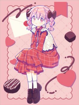 Rule 34 | 1girl, absurdres, blush, border, bow, bowtie, braid, brown bow, brown shoes, chocolate, closed mouth, commentary request, dot nose, dress, full body, hair between eyes, hair bow, heart, highres, invisible chair, kaname madoka, long sleeves, looking at viewer, mahou shoujo madoka magica, outside border, pink background, pink border, pink eyes, pink hair, red bow, red bowtie, red dress, ruru (rurumagi), shoes, short hair, sidelocks, sitting, smile, socks, solo, twin braids, twitter username, valentine, vest, white socks, white vest
