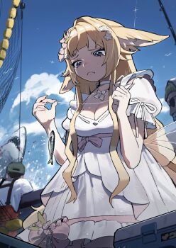 1boy 1girl absurdres animal_ears blonde_hair breasts choker cleavage closed_mouth cloud commentary day dress english_commentary fish flower fox_ears fox_girl frown hair_flower hair_ornament highres holding indie_virtual_youtuber jewelry long_hair medium_breasts mole mole_under_eye necklace outdoors pink_flower second-party_source shark short_sleeves sidelocks sky solo_focus syakunetuu tears virtual_youtuber white_choker white_dress white_flower