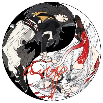 1boy 1girl armlet bare_shoulders black_hair black_jacket black_shoes black_tail bracelet breasts brother_and_sister calx china_dress chinese_clothes closed_mouth dress droopy_ears eye_contact facial_mark forehead_mark hairband hand_on_own_chest highres interlocked_fingers jacket jewelry leg_tattoo long_hair looking_at_another medium_breasts metal_bracelet pants parted_lips pelvic_curtain red_eyes shoes siblings silver_armlet silver_bracelet tail tattoo transformation white_background white_dress white_hair white_hairband white_pants white_tail ye_shiyuan ye_shunguang yin_yang zenless_zone_zero