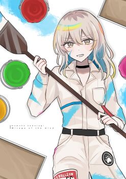 1girl absurdres black_choker choker commentary english_text from_above girls_band_cry grey_eyes grey_hair grin hamchan69 highres holding holding_paintbrush jumpsuit kawaragi_momoka long_hair lying multicolored_hair on_back on_ground paint_can paint_on_clothes paint_splatter paint_splatter_on_face paintbrush roots_(hair) smile solo white_background white_jumpsuit