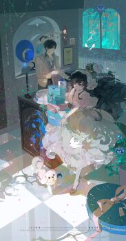 1boy 1girl absurdres animal bird black_hair blue_butterfly box_stack brown_eyes brown_jacket bug butterfly capelet carrying chinese_commentary collared_shirt commentary commentary_request commission dog dress floating_hair gloves grey_dress grey_shirt hat headdress highres indoors insect jacket long_hair original pink_capelet shirt shoes short_hair tile_floor tiles unworn_hat unworn_headwear white_bird white_dog xixun