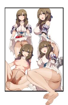 1girl absurdres apple ass braid breasts brown_eyes brown_hair corset feet feet_together female_focus female_pubic_hair food fruit gloves gusset hair_ribbon highres hu_sea large_breasts long_hair looking_at_viewer mature_female nipples no_panties no_shoes onion oosuki_mamako open_mouth pantyhose pubic_hair purple_eyes ribbon see-through_clothes see-through_legwear simple_background smile soles solo toes tsuujou_kougeki_ga_zentai_kougeki_de_ni-kai_kougeki_no_okaasan_wa_suki_desu_ka? white_background white_gloves