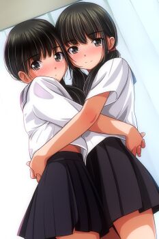 2girls absurdres black_hair black_sailor_collar black_skirt blush brown_eyes closed_mouth commentary_request highres hug long_hair looking_at_viewer matsunaga_kouyou multiple_girls nose_blush original pleated_skirt sailor_collar school_uniform serafuku shirt short_sleeves skirt smile white_shirt