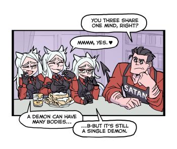 1boy 3girls black_hair blush book cerberus_(helltaker) closed_eyes comic eating english_text grey_hair helltaker multiple_girls official_art red_eyes segmented_comic shared_sense sunglasses twitter vanripper vest waistcoat