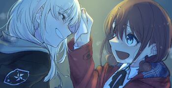 2girls ayataka_syumimi black_jacket black_ribbon blue_eyes brown_hair commentary_request girls_band_cry grey_eyes grey_hair hair_between_eyes handkerchief highres holding holding_handkerchief hood hood_down iseri_nina jacket kawaragi_momoka long_hair low_twintails multiple_girls neck_ribbon open_mouth red_jacket ribbon short_hair short_twintails sidelocks twintails