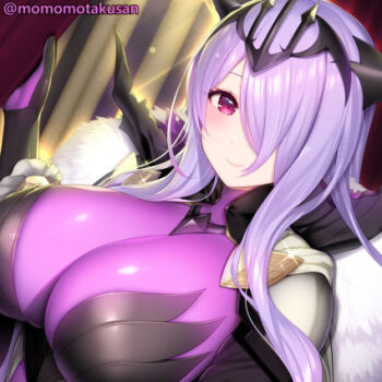 1girl bodysuit breasts camilla_(fire_emblem) camilla_(light_of_nohr)_(fire_emblem) camilla_(light_of_nohr)_(resplendent)_(fire_emblem) cape cleavage fire_emblem fire_emblem_fates fire_emblem_heroes gloves hair_over_one_eye huge_breasts kashiwamochi_yomogi long_hair lowres nintendo official_alternate_costume pink_eyes purple_hair smile solo tiara