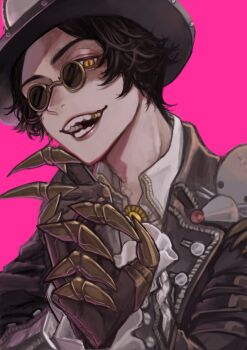 1boy black_hair brown_gloves brown_jacket clawed_gauntlets claws fake_claws glasses gloves glowing glowing_eyes gold_teeth hat identity_v jacket looking_at_viewer male_focus norton_campbell norton_campbell_(mr._mole) official_alternate_costume pince-nez pink_background satou_saori scar scar_across_eye scar_on_face sharp_teeth shirt slit_pupils smile solo stuffed_animal stuffed_toy sunglasses teeth top_hat white_shirt