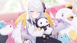 1girl angel_wings animated azusa_(blue_archive) big_brother_(blue_archive) blue_archive couch feathered_wings female_focus flower flower_on_head game_cg hair_flower hair_ornament halo highres hug hugging_object indoors live2d long_hair long_sleeves looking_at_viewer official_art peroro_(blue_archive) pillow pink_eyes pink_flower pinky-paca_(blue_archive) purple_flower sitting skull_man_(blue_archive) sparkle stuffed_toy tagme trinity_general_school_logo video white_hair white_wings window wings yellow_halo