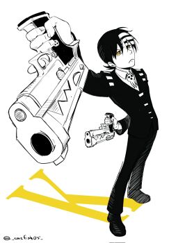 Rule 34 | 1boy, catfish05, closed mouth, commentary, death the kid, english commentary, frown, full body, gangsta hold, greyscale, gun, handgun, highres, holding, holding gun, holding weapon, jacket, long sleeves, looking at viewer, male focus, monochrome, pants, short hair, simple background, skull brooch, solo, soul eater, spot color, standing, striped hair, twitter username, weapon, white background, yellow eyes