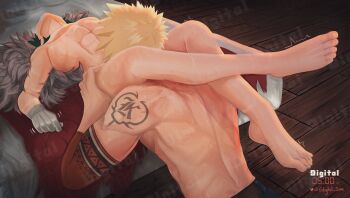 2boys abs back bakudeku bakugou_katsuki bare_back barefoot bed bedroom blonde_hair boku_no_hero_academia bones_(company) completely_nude crossed_legs digital_5am fantasy feet fellatio green_eyes indoors leg_lock medieval midoriya_izuku multiple_boys muscular no_pants no_shirt nude on_bed oral pectorals sex shounen_jump spiked_hair toenails toes yaoi