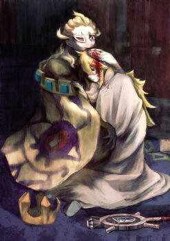 2boys absurdres blood blood_in_hair blood_on_clothes blood_on_ground blood_splatter bloody_weapon brown_cloak cloak comforting commentary crown empty_eyes facing_another facing_to_the_side ghetsis_(pokemon) hair_slicked_back hand_on_another&#039;s_head hand_on_another&#039;s_shoulder highres indoors injury ivan_the_terrible_and_his_son_ivan jakusann_stella kneeling leaning_on_person male_focus multiple_boys n_(pokemon) nintendo on_ground pokemon pokemon_bw raised_eyebrow red_eyes scared scouter staff two-tone_cloak weapon white_cloak wide-eyed