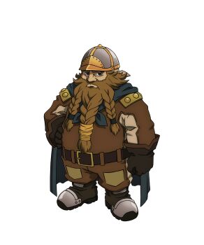 1boy anime_coloring beard belt boots brown_belt brown_boots brown_eyes brown_gloves brown_hair clenched_hands cloak dwarf facial_hair full_body gloves goatee gondo_firebeard grey_cloak hand_on_own_hip helmet highres jumpsuit looking_at_viewer mature_male official_art overlord_(maruyama) simple_background solo standing tasaki_satoshi transparent_background