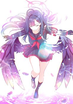 1girl absurdres ahoge armband black_gloves black_hair black_sailor_collar black_shoes black_skirt black_wings blue_archive closed_eyes closed_mouth commentary_request floating_hair gloves hair_ornament hairclip halo highres himmel_gewalt ichika_(blue_archive) long_sleeves neckerchief outstretched_arms pleated_skirt red_armband red_neckerchief sailor_collar shoes skirt solo standing standing_on_one_leg swept_bangs wings