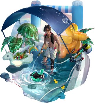 Rule 34 | 1boy, abs, armband, artist request, badger, ball, beachball, black hair, black male swimwear, bow (weapon), can, crossbow, dog tags, drink can, flower, food, fruit, goggles, goggles around neck, green armband, highres, holding, holding hose, hose, inflatable toy, innertube, lime (fruit), male swimwear, mbcc insignia (path to nowhere), multiple scars, navel, no shirt, official art, on innertube, path to nowhere, pineapple, pippy (path to nowhere), pool, rubber duck, scar, scar on arm, scar on lip, scar on shoulder, scar on thighs, soda can, swim ring, towel, towel around neck, water, watermelon, watermelon slice, weapon, wet, white swim trunks, wolverine (path to nowhere), yellow eyes