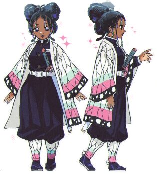 1girl absurdres alternate_costume alternate_hairstyle black_hair dark-skinned_female dark_skin demon_slayer_uniform estrotengen full_body hand_up haori highres japanese_clothes katana kimetsu_no_yaiba kimono kochou_shinobu long_sleeves multiple_views palette_swap purple_eyes short_hair simple_background standing sword third-party_edit weapon white_background wide_sleeves