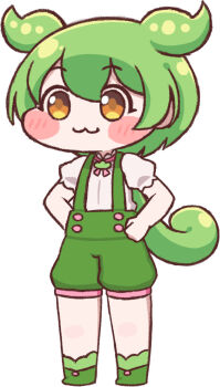 1girl :3 blush boots commentary_request full_body green_boots green_hair green_suspenders hair_between_eyes hands_on_own_hips highres long_hair no_nose orange_eyes short_sleeves shorts simple_background solo standing suspender_shorts suspenders tareme trickcal voiceroid white_background zundaghost zundamon